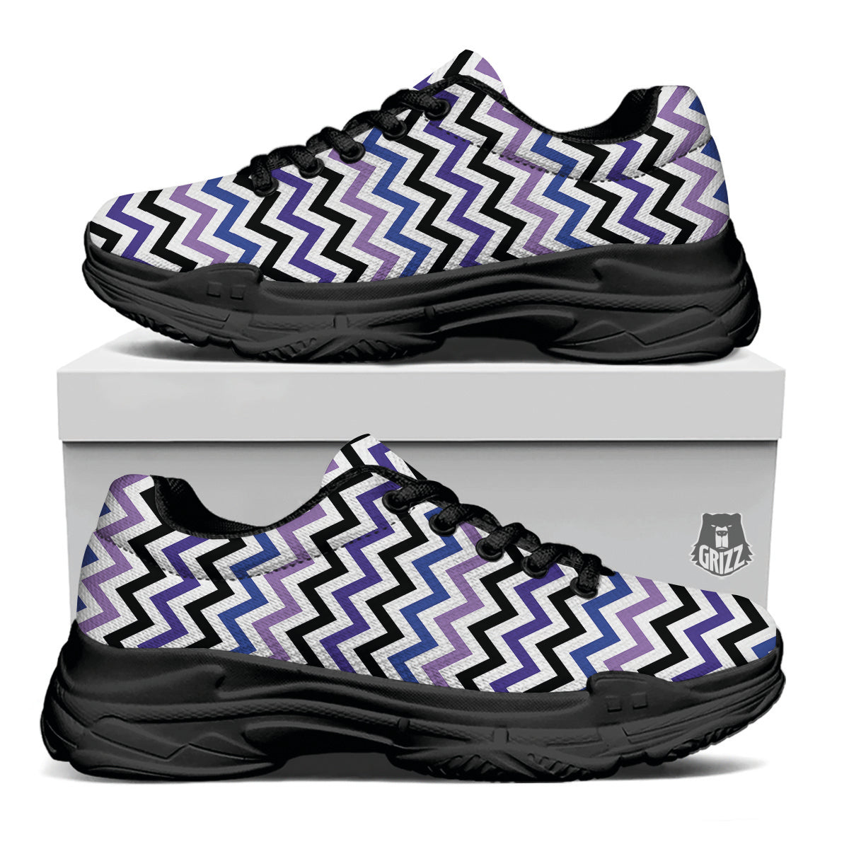 Purple Blue And Black Chevron Print Black Chunky Shoes-grizzshop