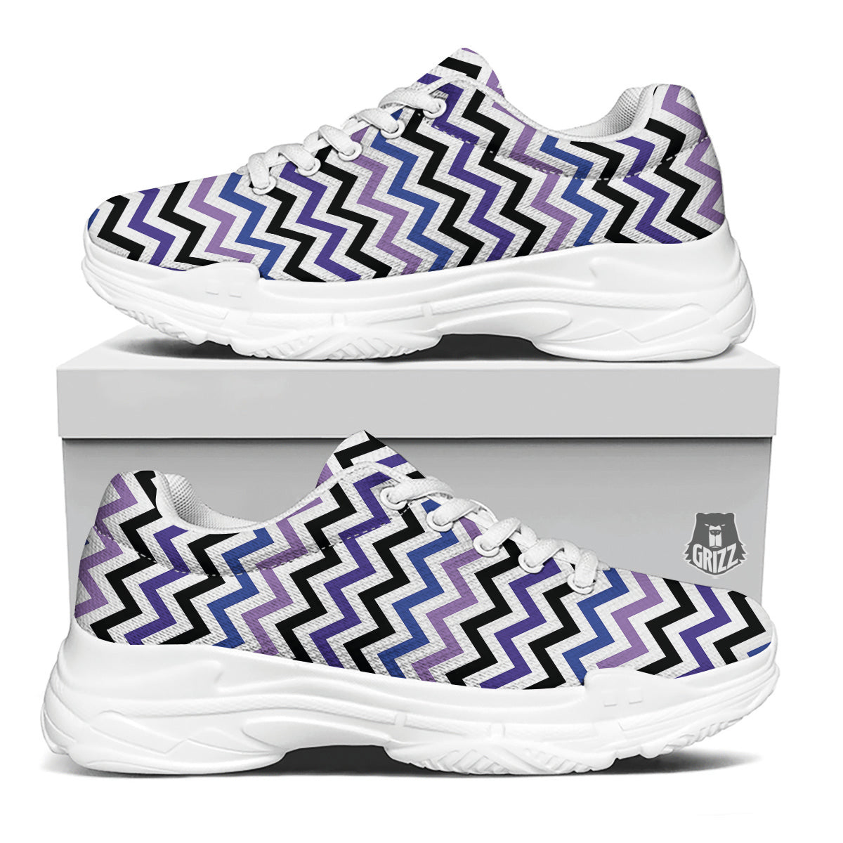 Purple Blue And Black Chevron Print White Chunky Shoes-grizzshop