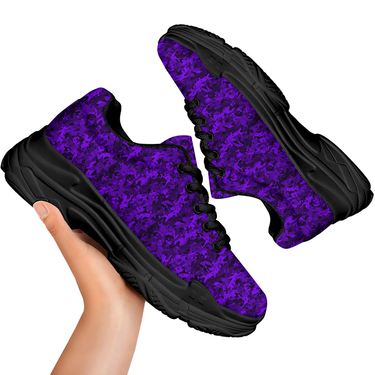Purple Camouflage Dark Print Black Chunky Shoes-grizzshop