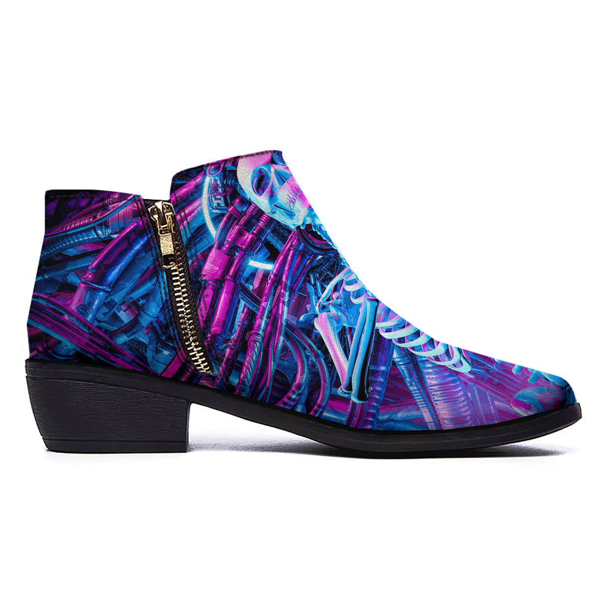 Purple Cyber Skeleton Print Ankle Boots-grizzshop