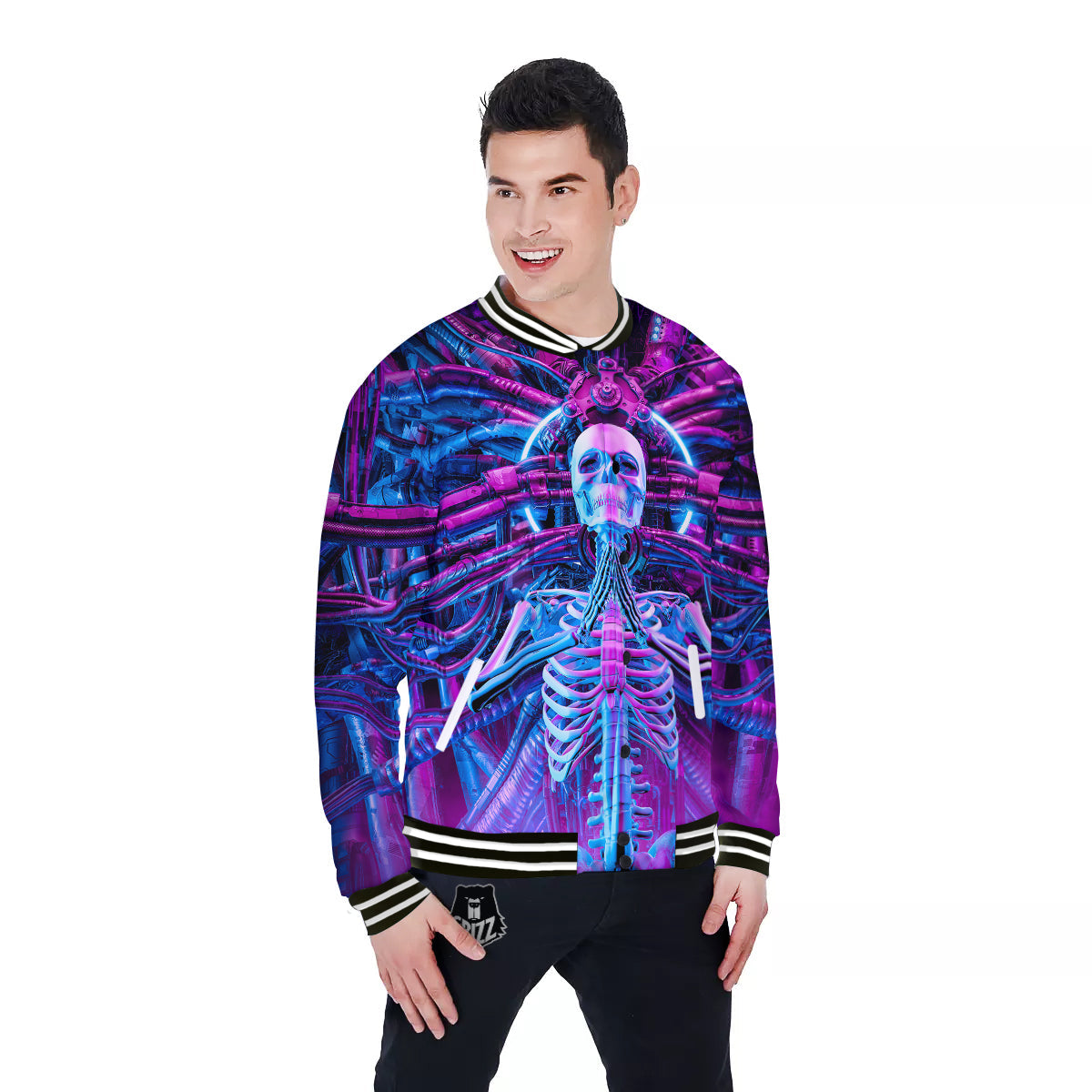 Purple Cyber Skeleton Print Baseball Jacket-grizzshop