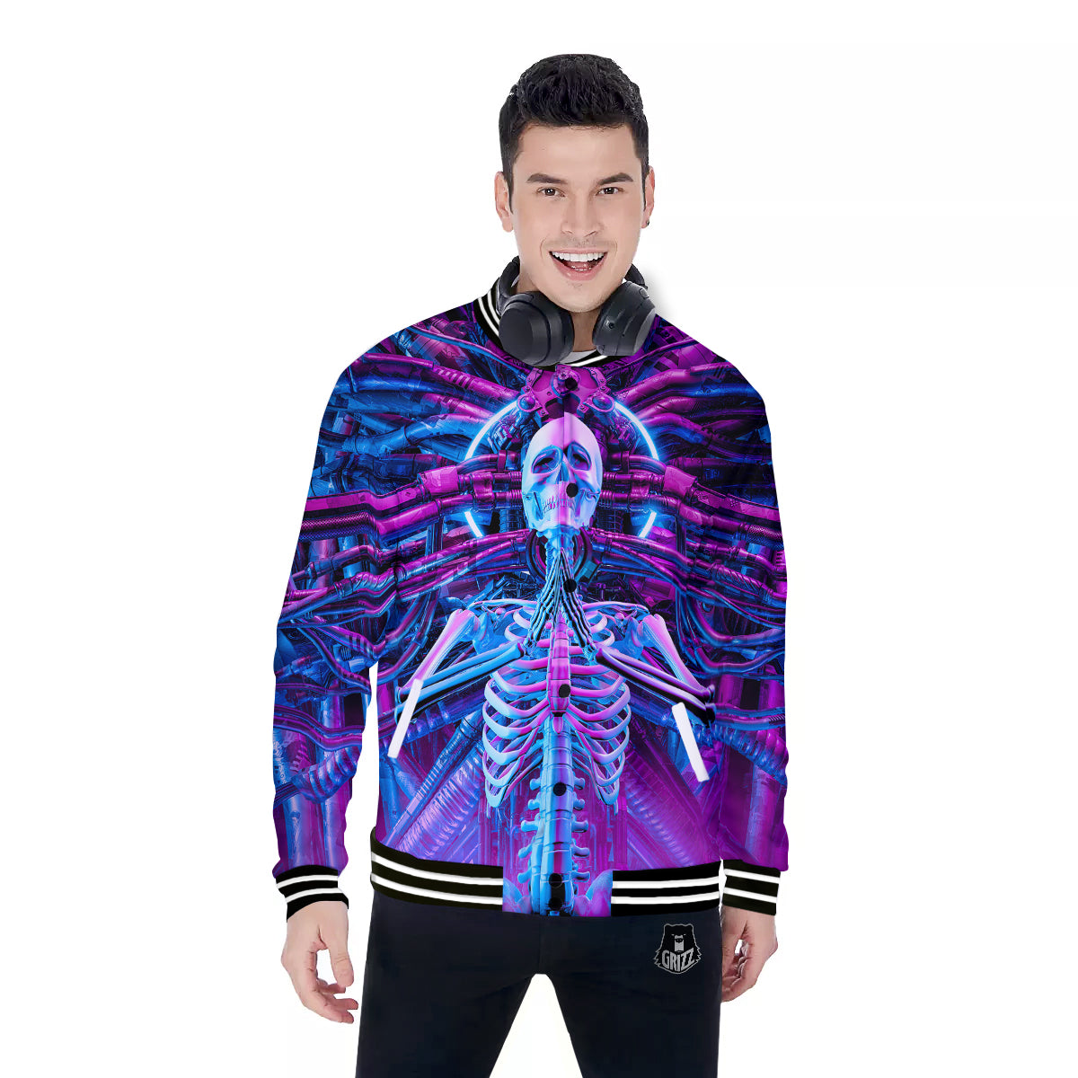 Purple Cyber Skeleton Print Baseball Jacket-grizzshop