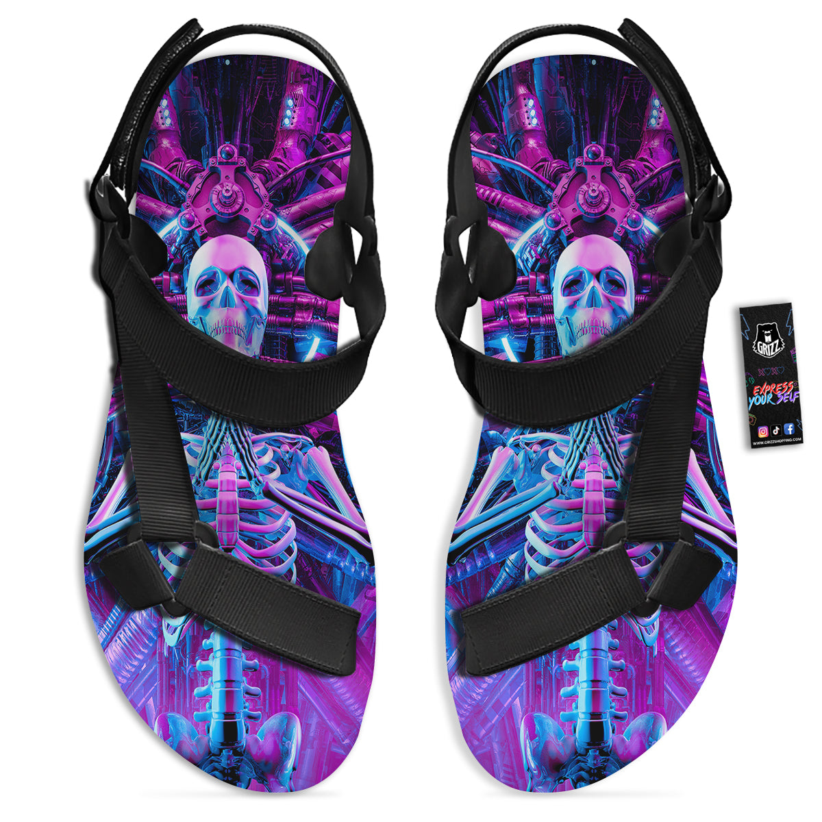 Purple Cyber Skeleton Print Black Open Toe Sandals-grizzshop