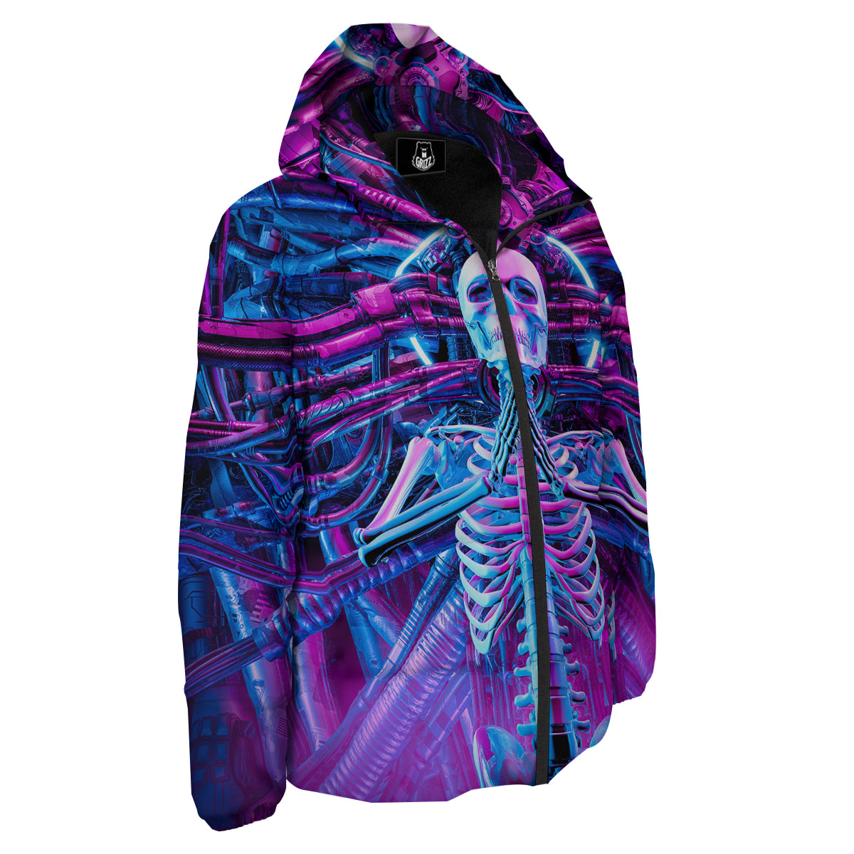 Purple Cyber Skeleton Print Down Jacket-grizzshop