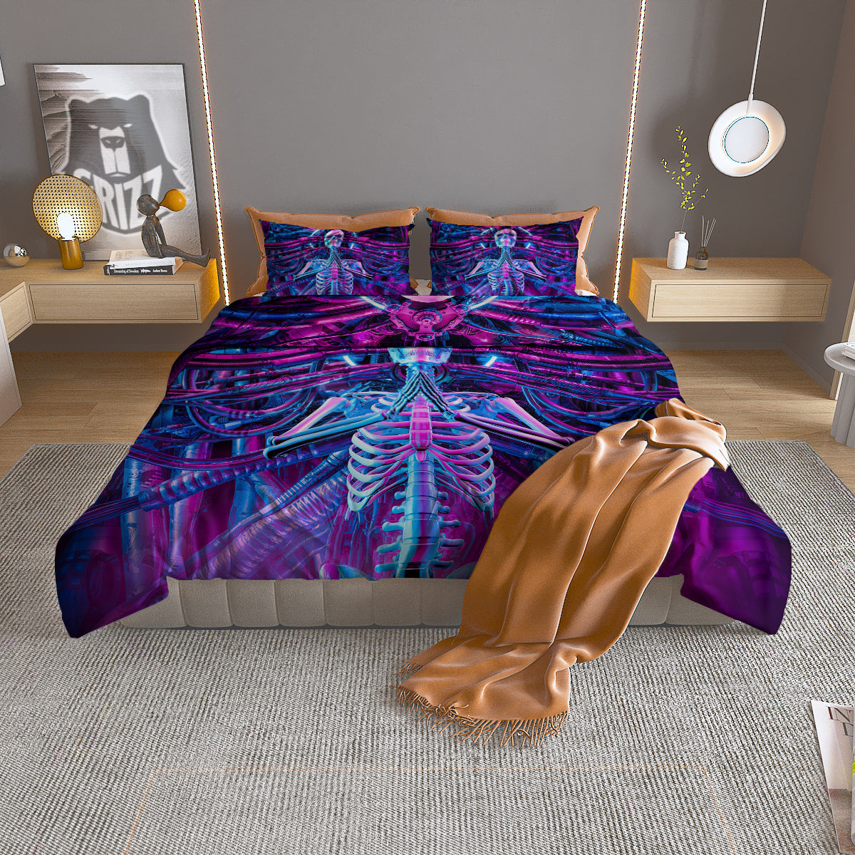 Purple Cyber Skeleton Print Duvet Cover Bedding Set