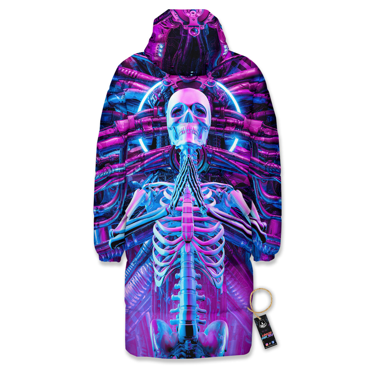 Purple Cyber Skeleton Print Long Down Jacket-grizzshop