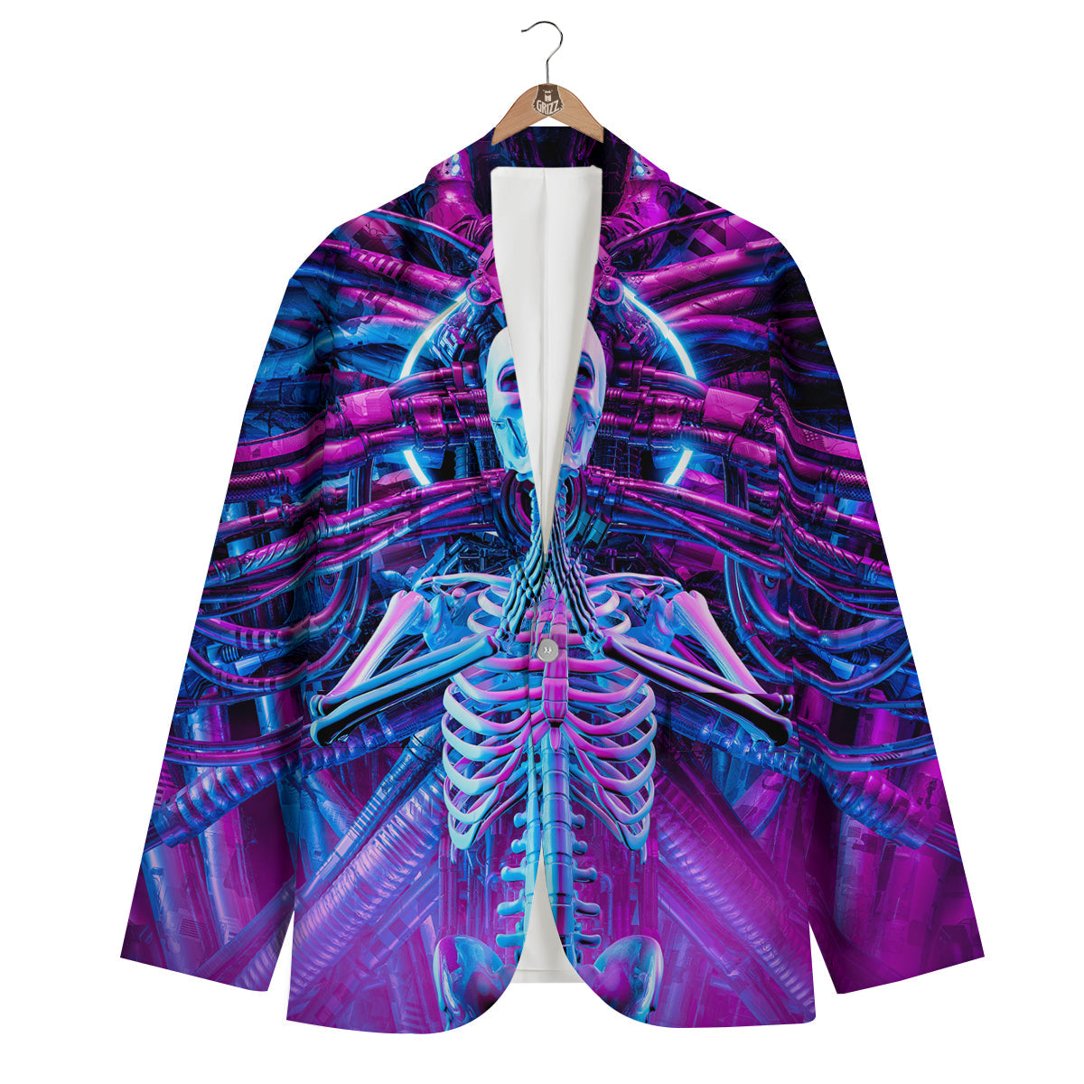 Purple Cyber Skeleton Print Men's Blazer-grizzshop