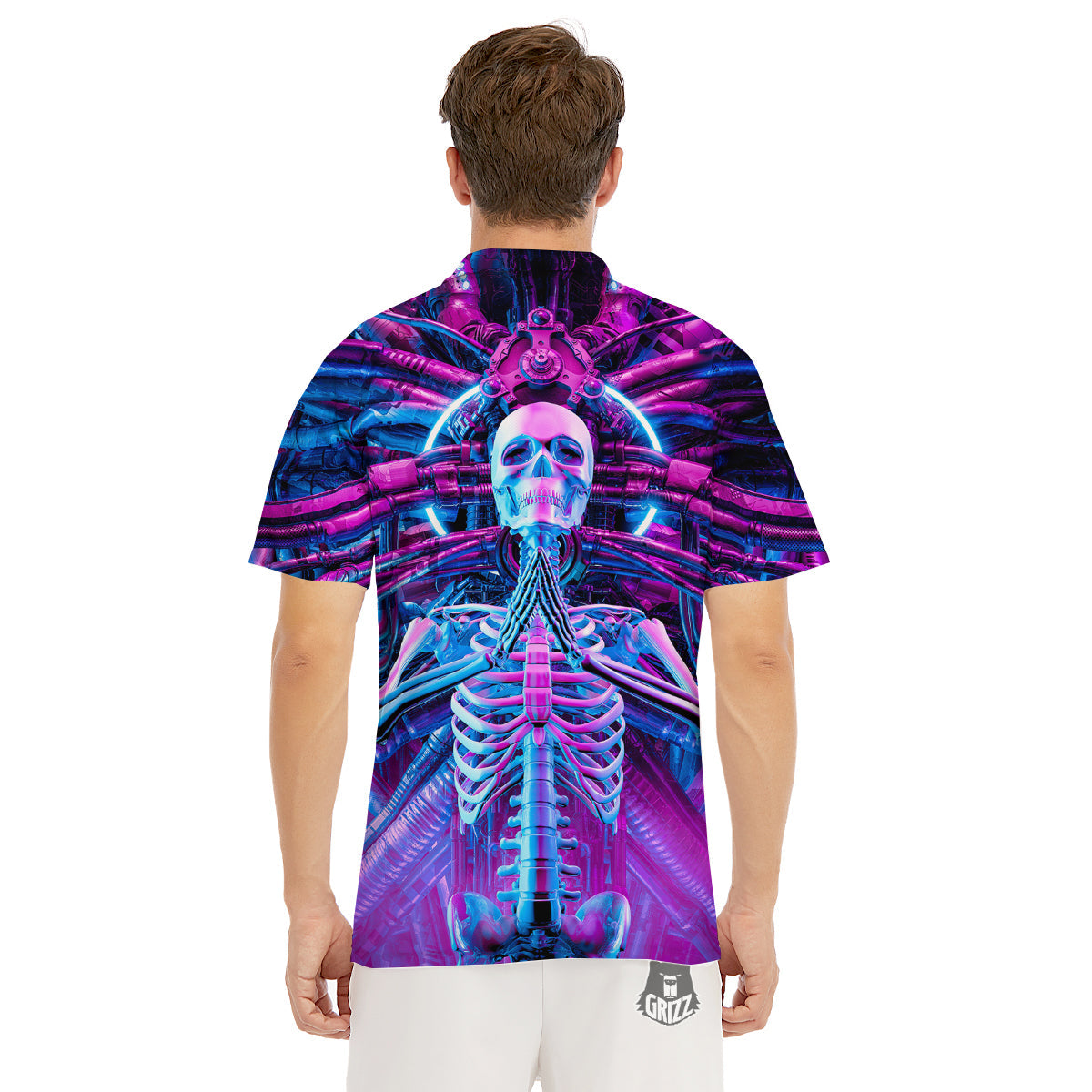 Purple Cyber Skeleton Print Men's Golf Shirts-grizzshop