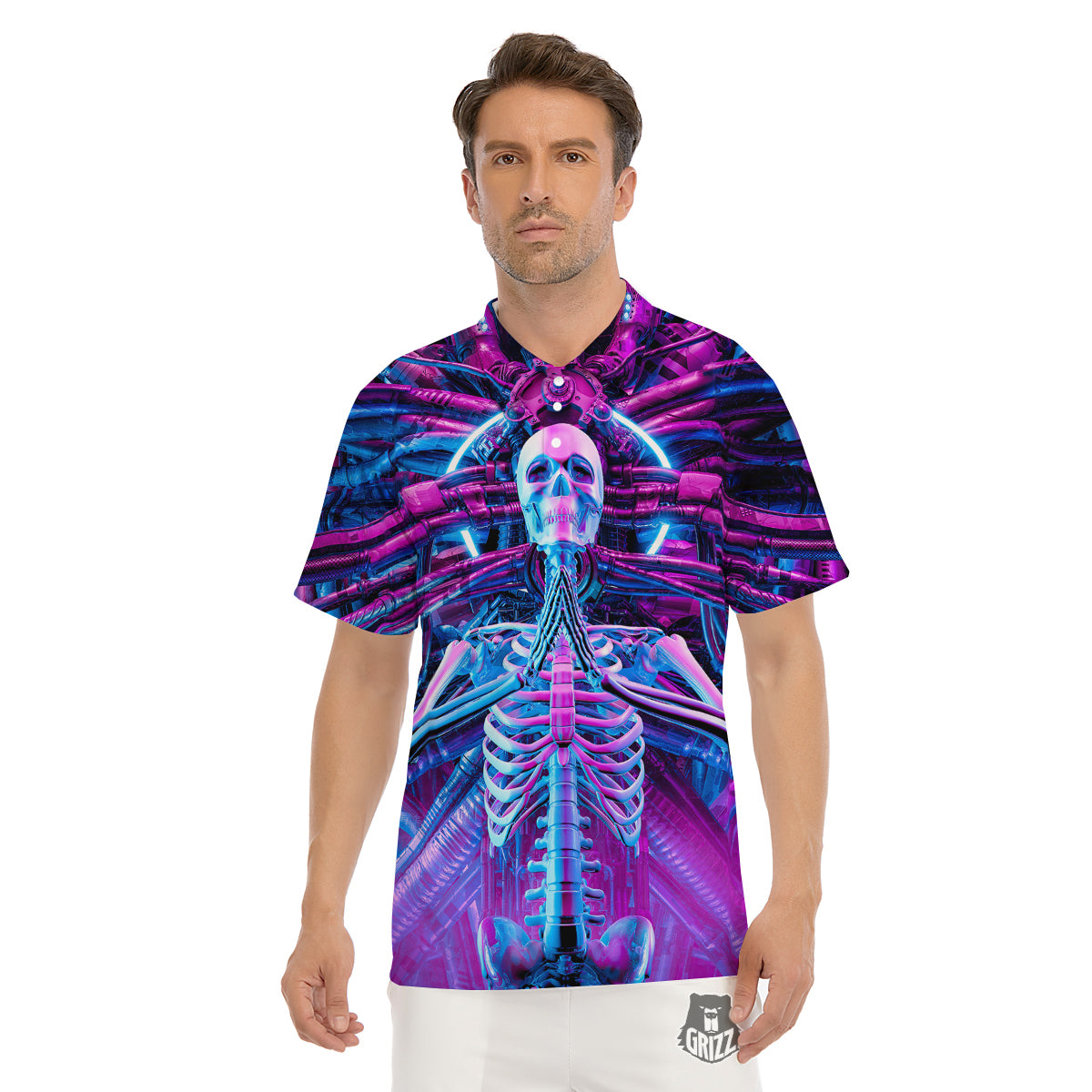 Purple Cyber Skeleton Print Men's Golf Shirts-grizzshop