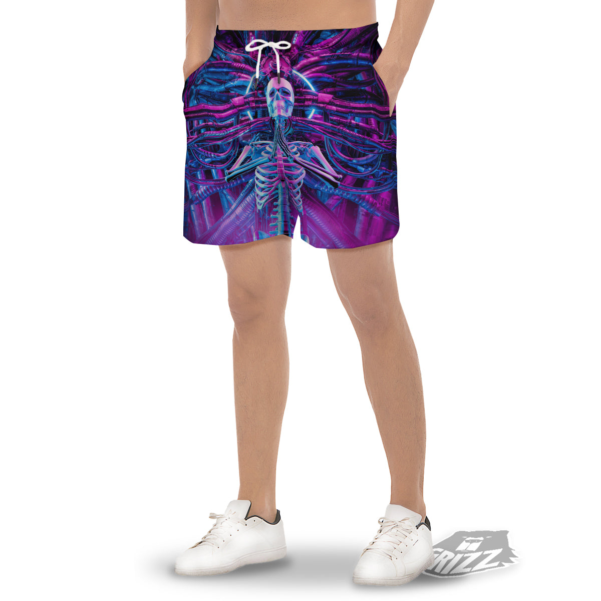 Purple Cyber Skeleton Print Men's Gym Shorts-grizzshop