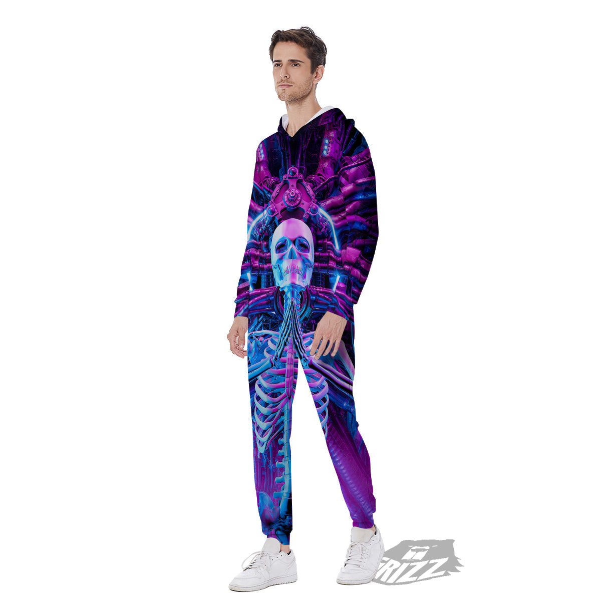 Purple Cyber Skeleton Print Men's Jumpsuit-grizzshop
