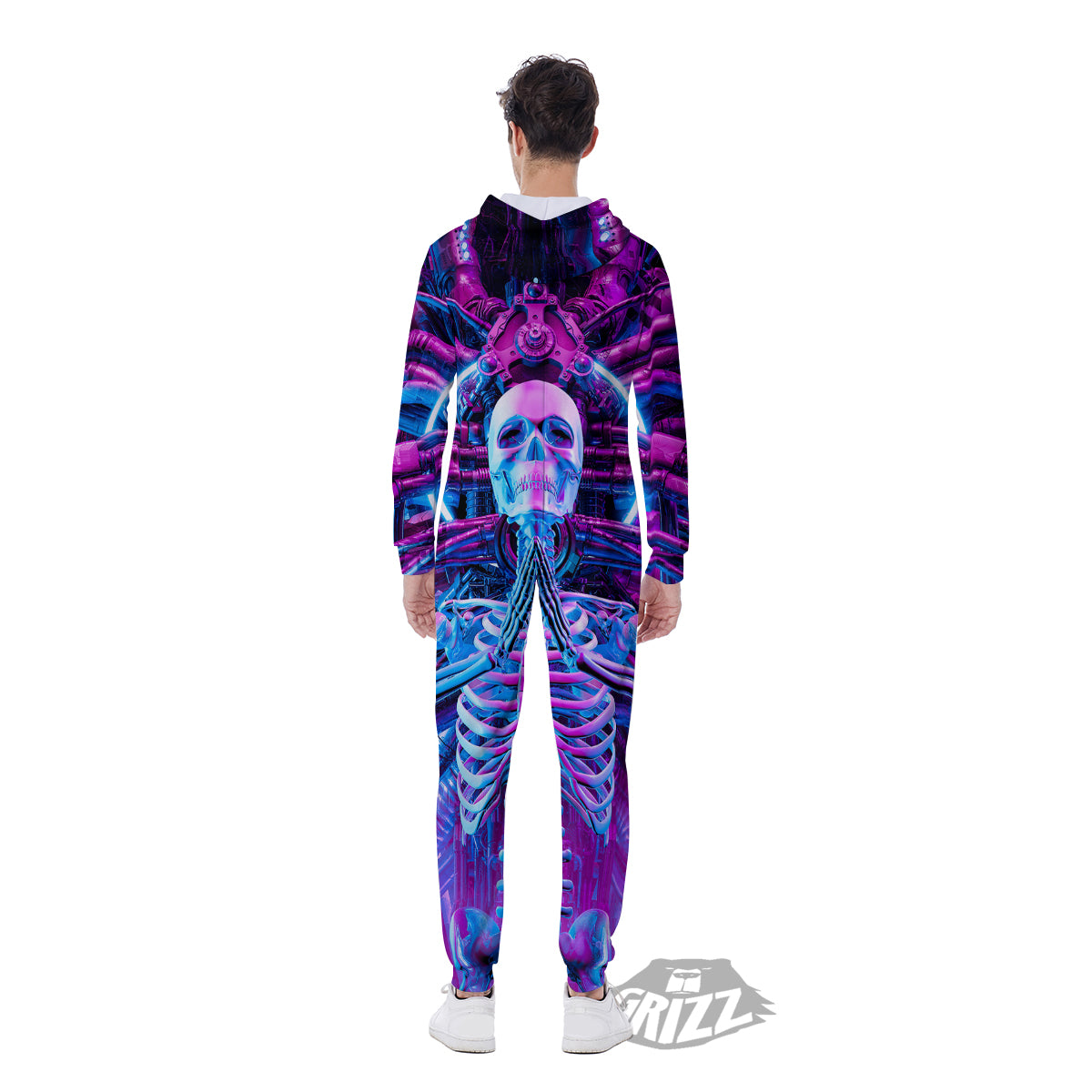 Purple Cyber Skeleton Print Men's Jumpsuit-grizzshop