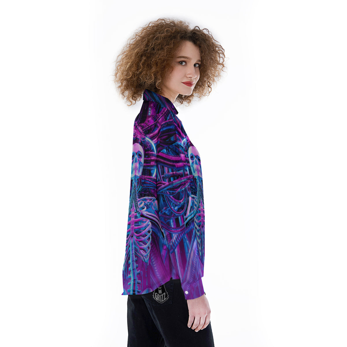 Purple Cyber Skeleton Print Women's Long Sleeve Shirts-grizzshop