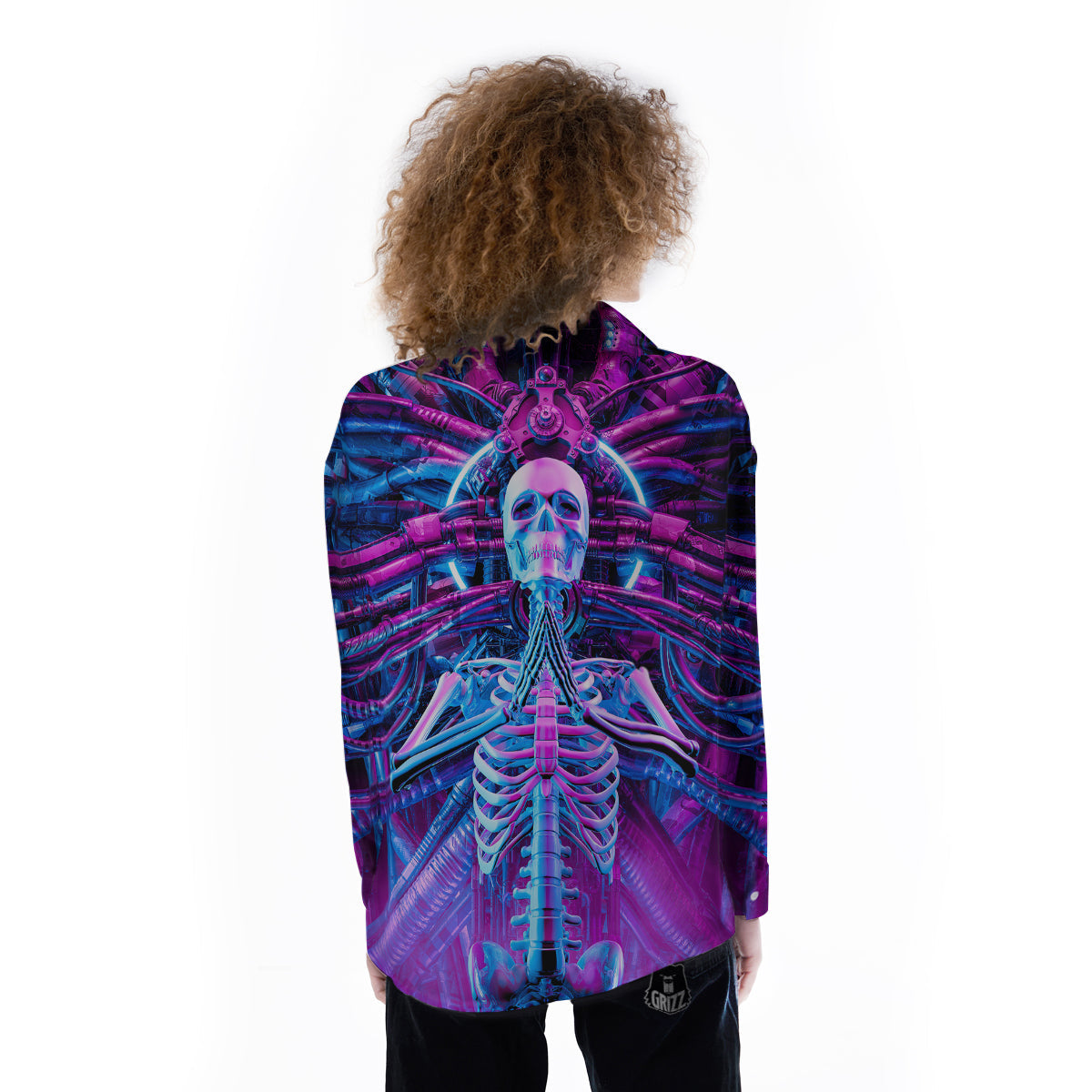 Purple Cyber Skeleton Print Women's Long Sleeve Shirts-grizzshop