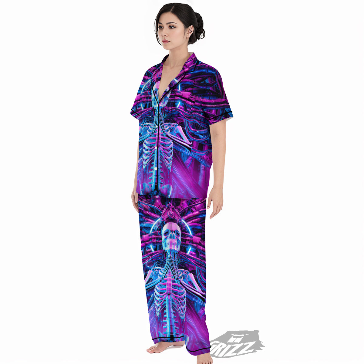 Purple Cyber Skeleton Print Women's Pajamas Set-grizzshop
