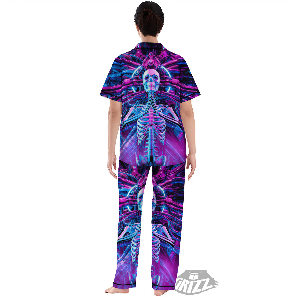Purple Cyber Skeleton Print Women's Pajamas Set-grizzshop
