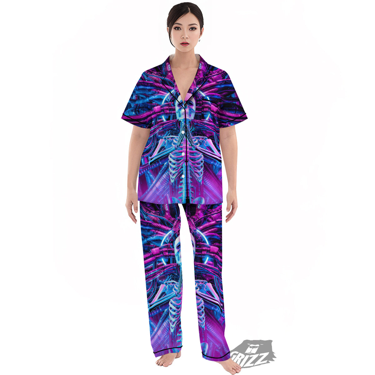 Purple Cyber Skeleton Print Women's Pajamas Set-grizzshop