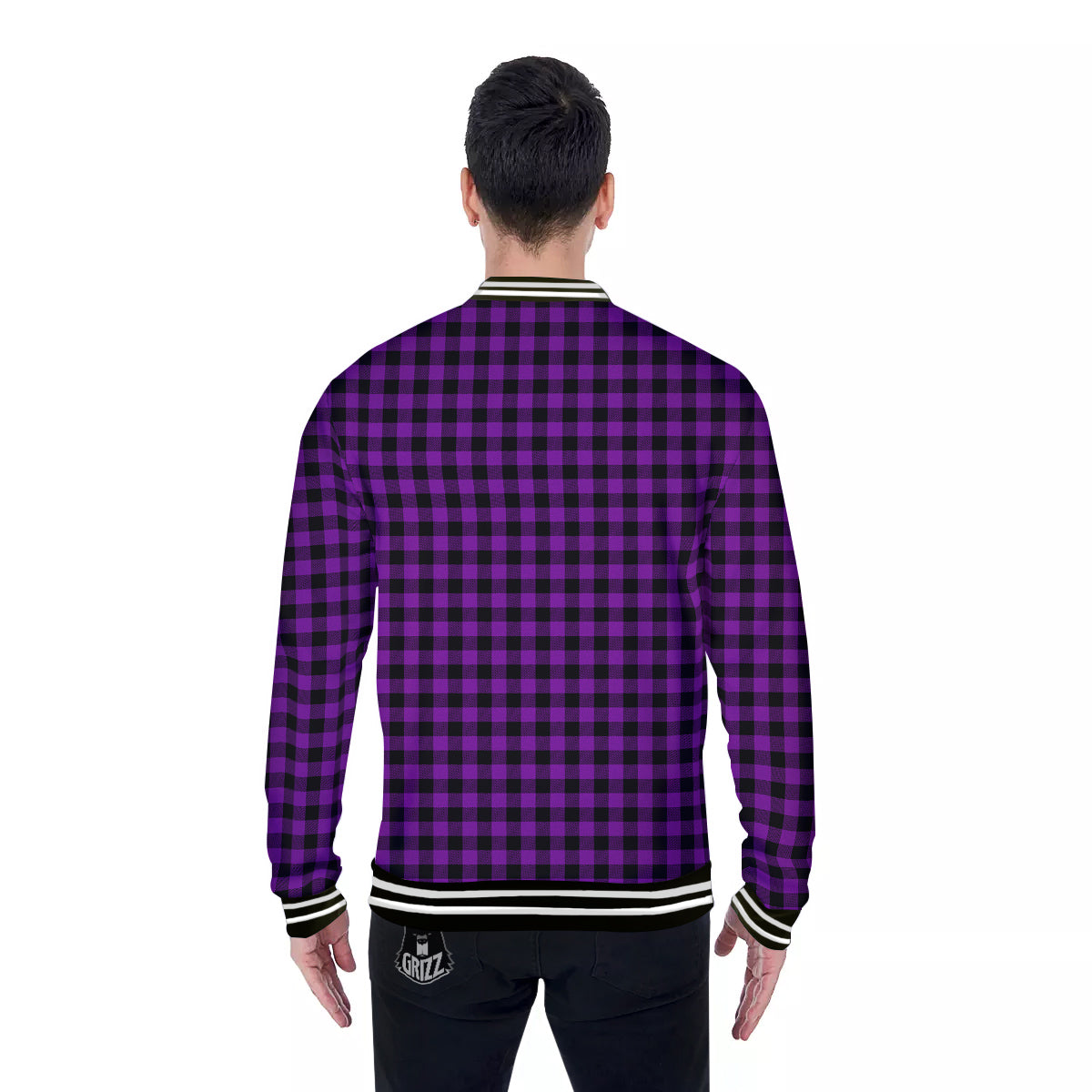 Purple Dark Check Print Pattern Baseball Jacket-grizzshop