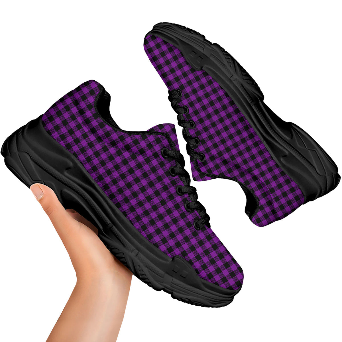 Purple Dark Check Print Pattern Black Chunky Shoes-grizzshop