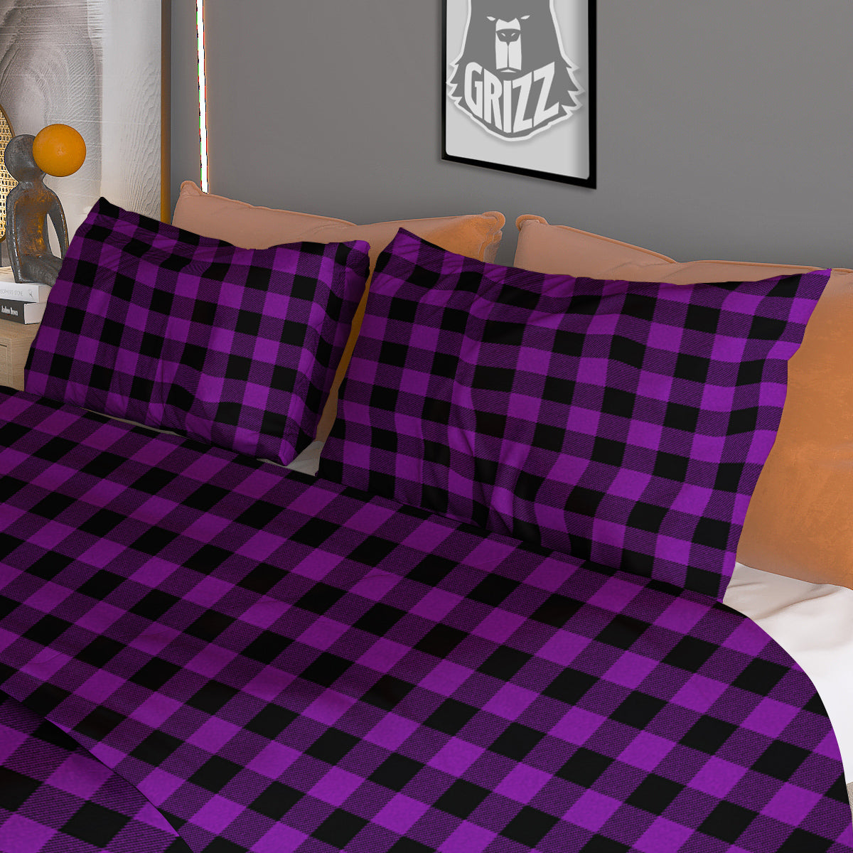 Purple Dark Check Print Pattern Duvet Cover Bedding Set