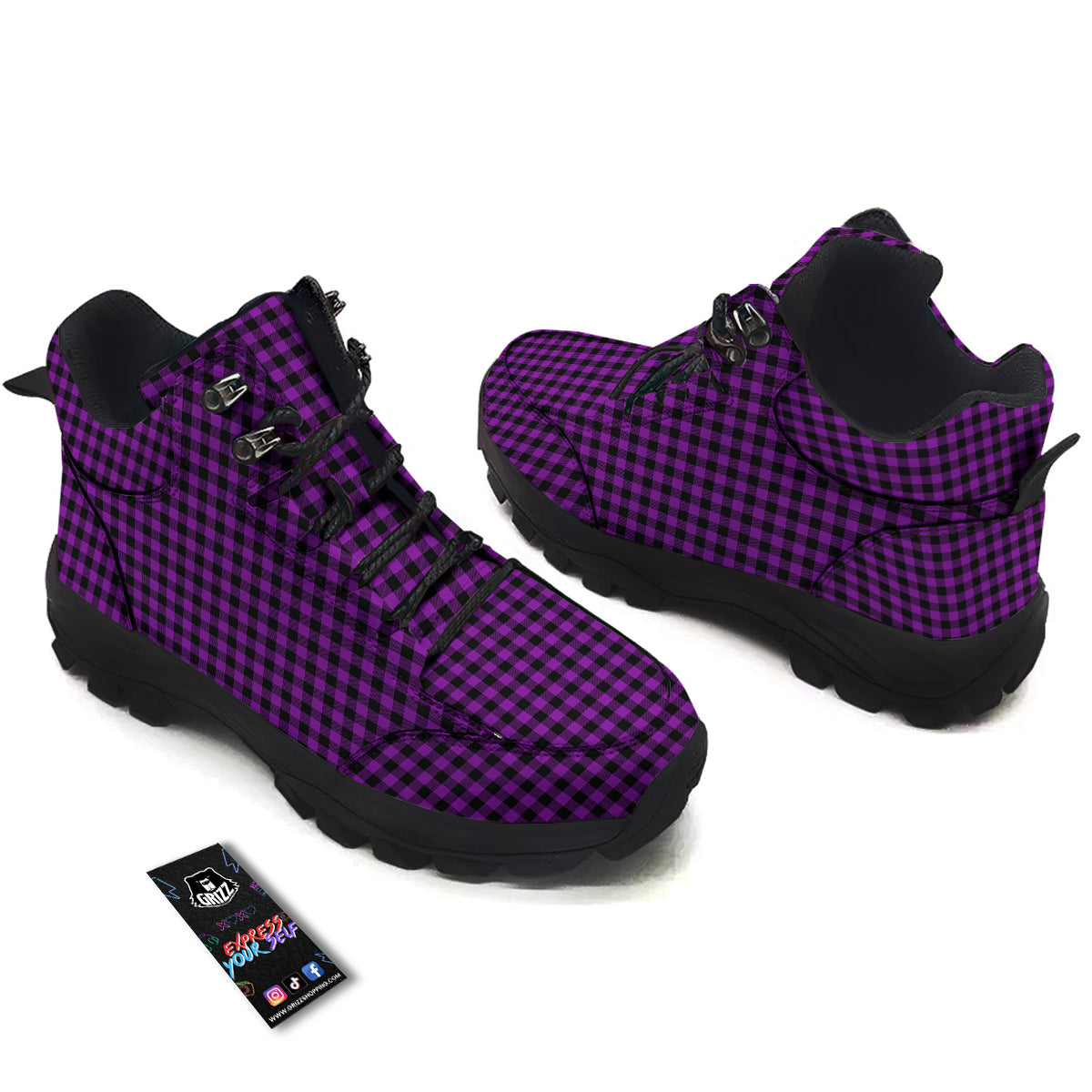 Purple Dark Check Print Pattern Hiking Shoes-grizzshop