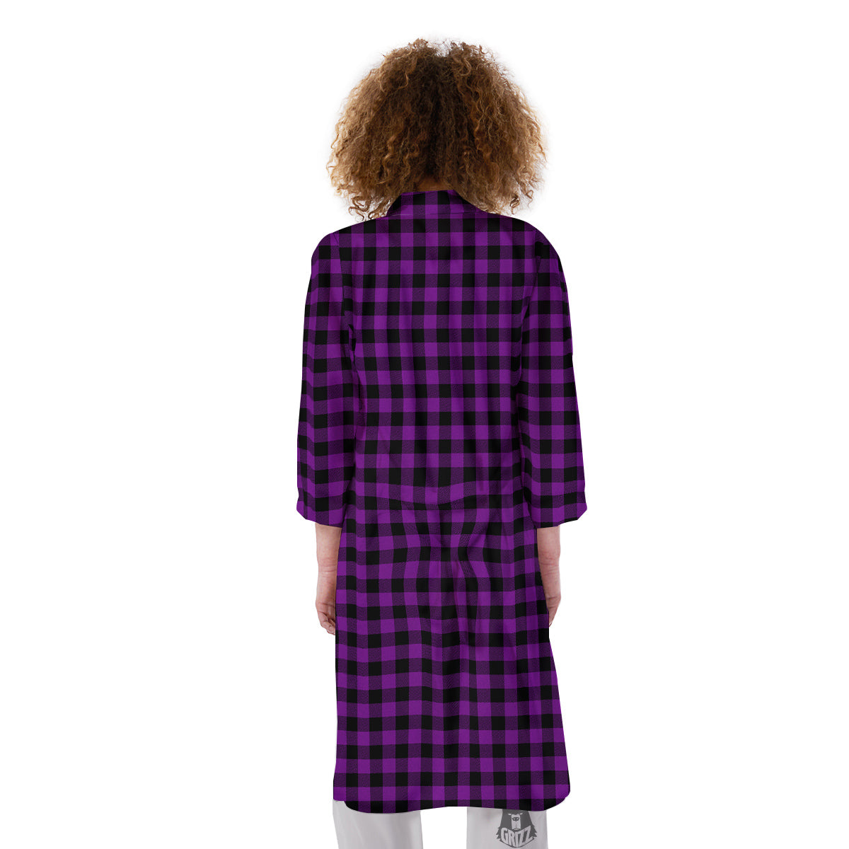 Purple Dark Check Print Pattern Kimono-grizzshop