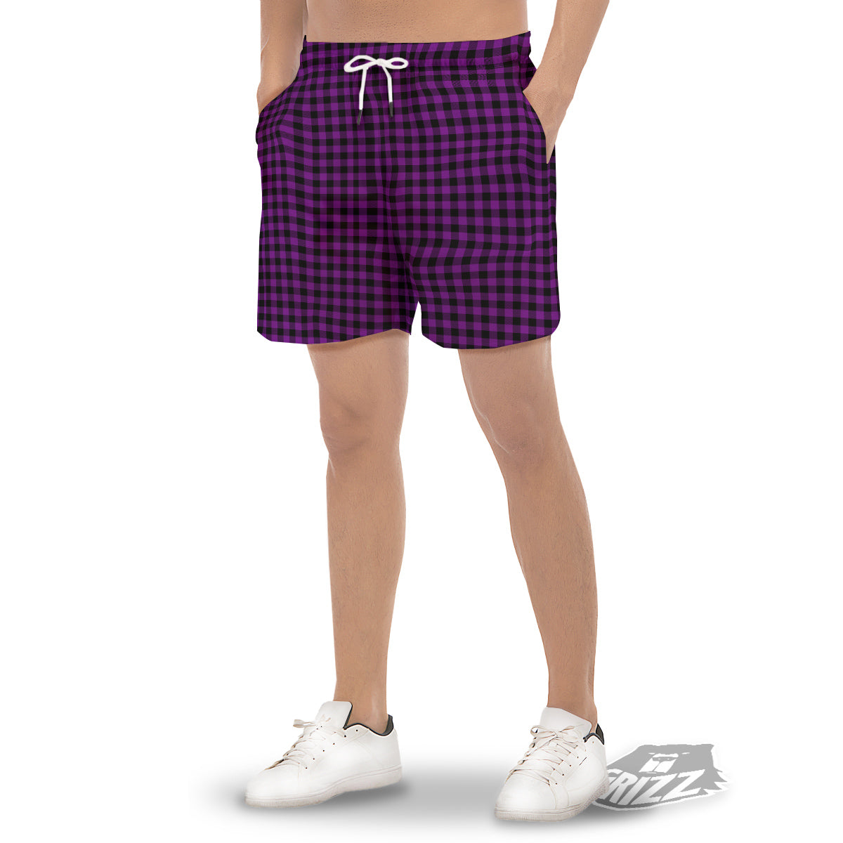 Purple Dark Check Print Pattern Men's Gym Shorts-grizzshop