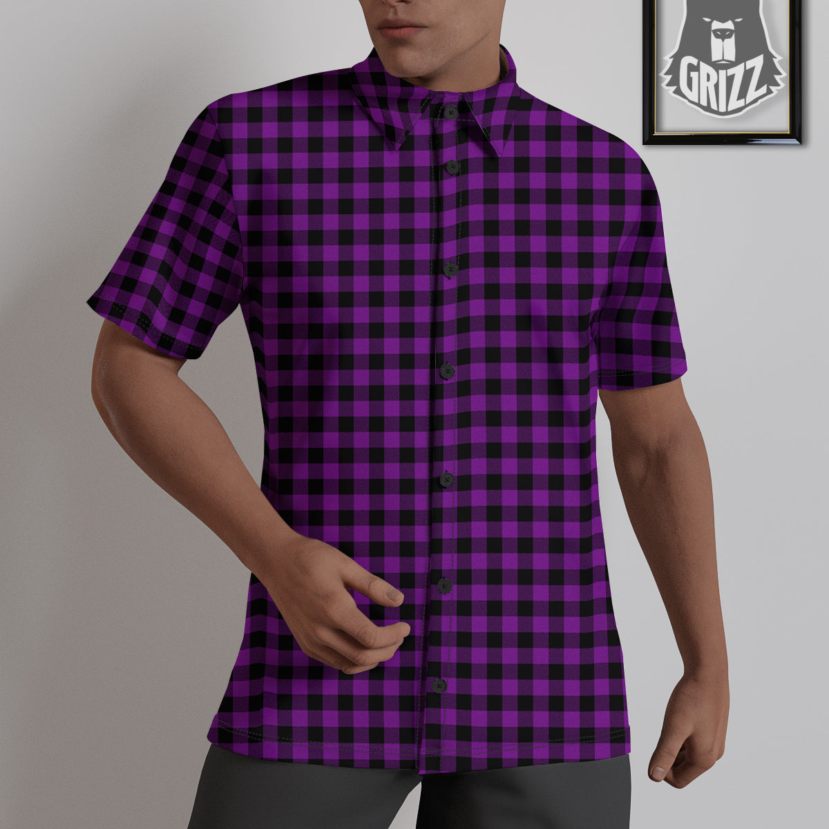 Purple Dark Check Print Pattern Untucked Shirts-grizzshop