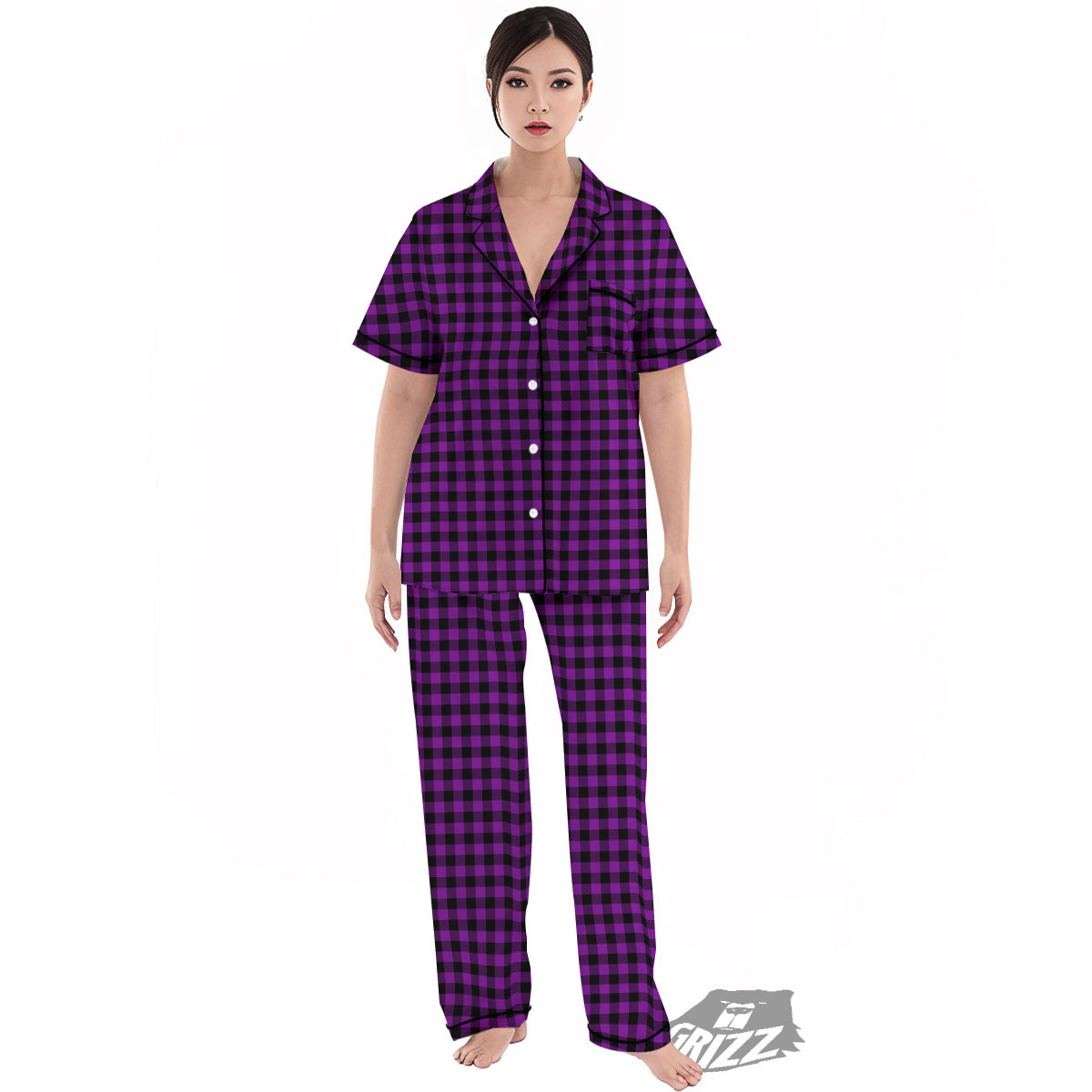 Purple Dark Check Print Pattern Women's Pajamas Set-grizzshop