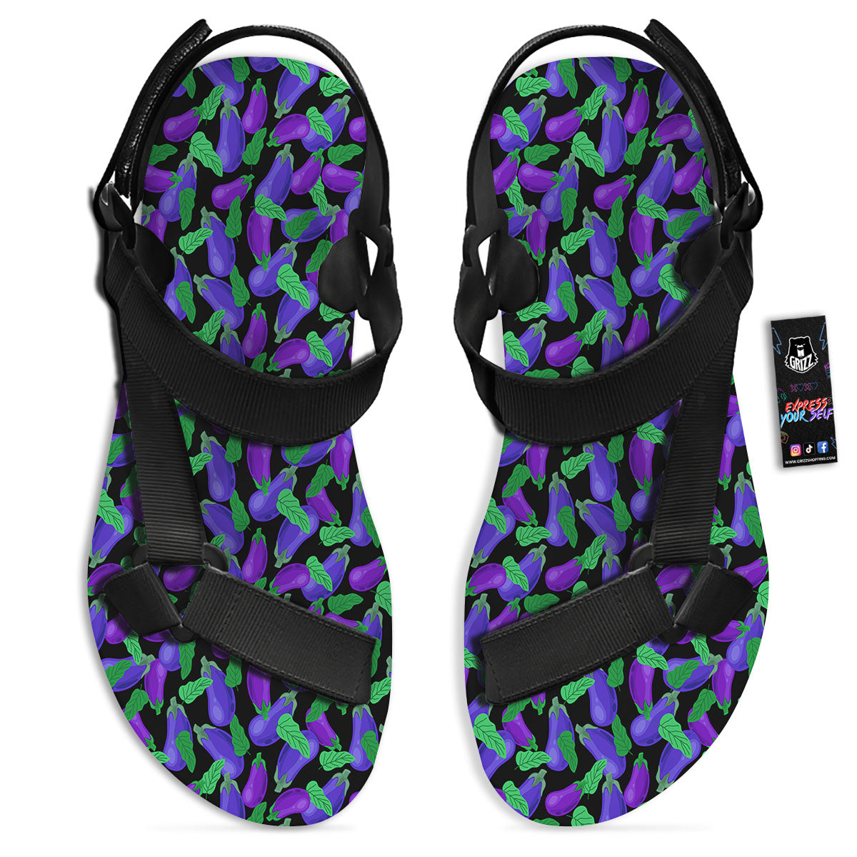 Purple Eggplant Print Pattern Black Open Toe Sandals-grizzshop