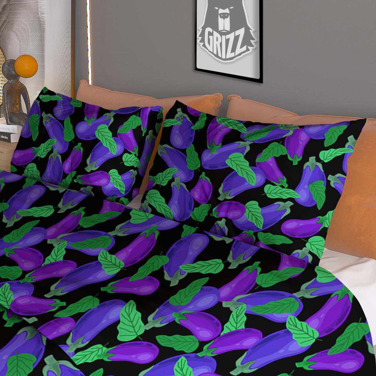 Purple Eggplant Print Pattern Duvet Cover Bedding Set