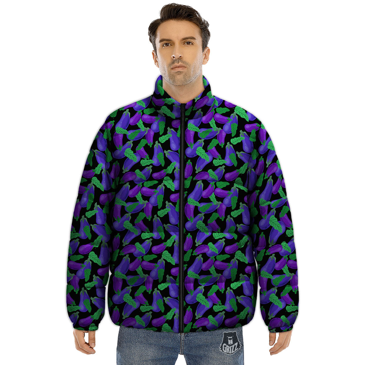 Purple Eggplant Print Pattern Puffer Jacket-grizzshop