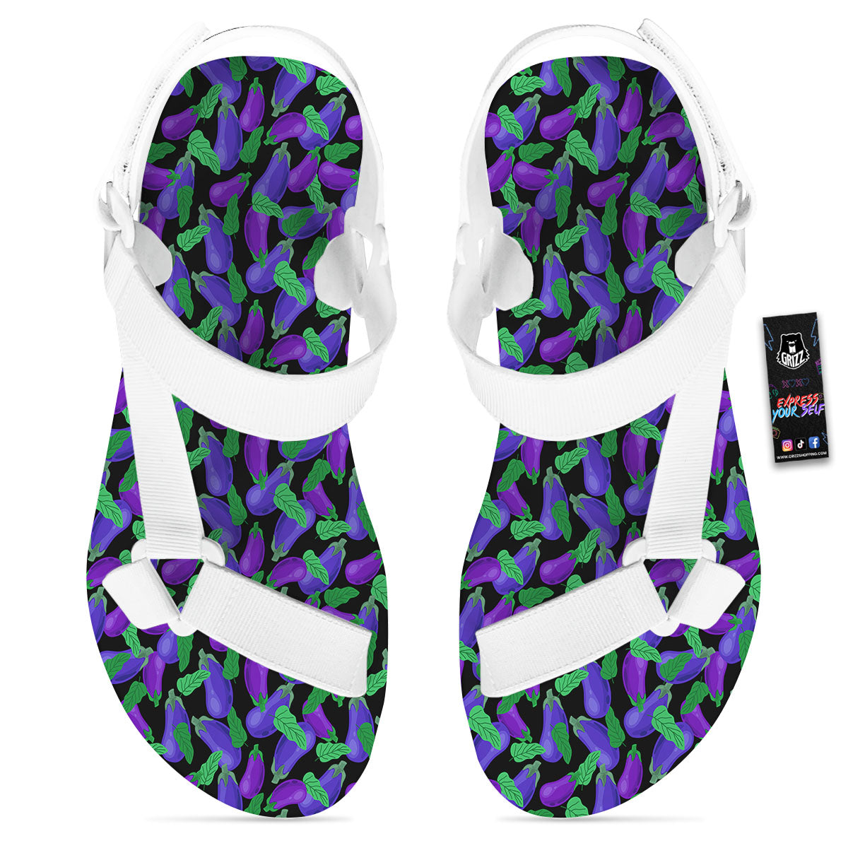 Purple Eggplant Print Pattern White Open Toe Sandals-grizzshop