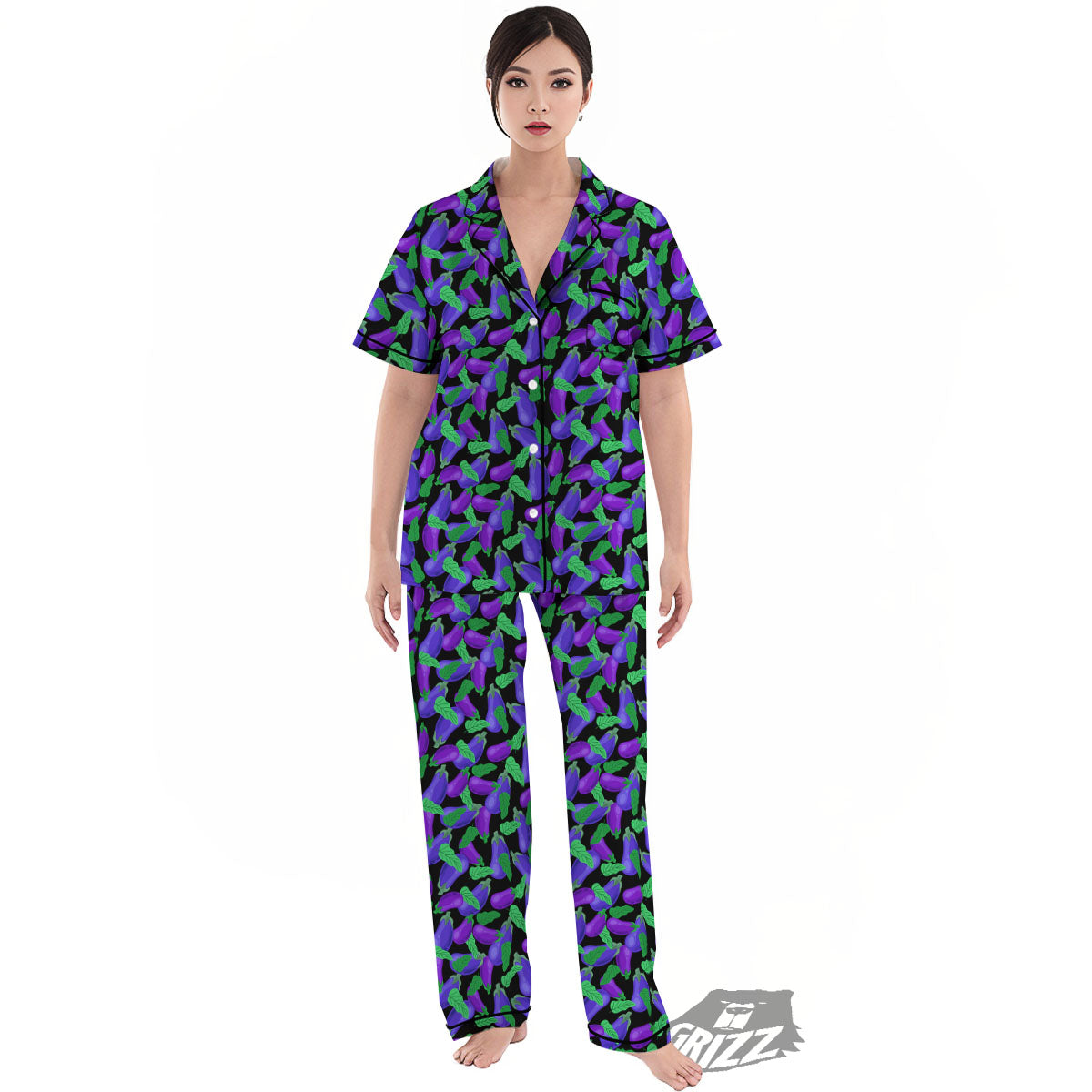 Purple Eggplant Print Pattern Women's Pajamas Set-grizzshop