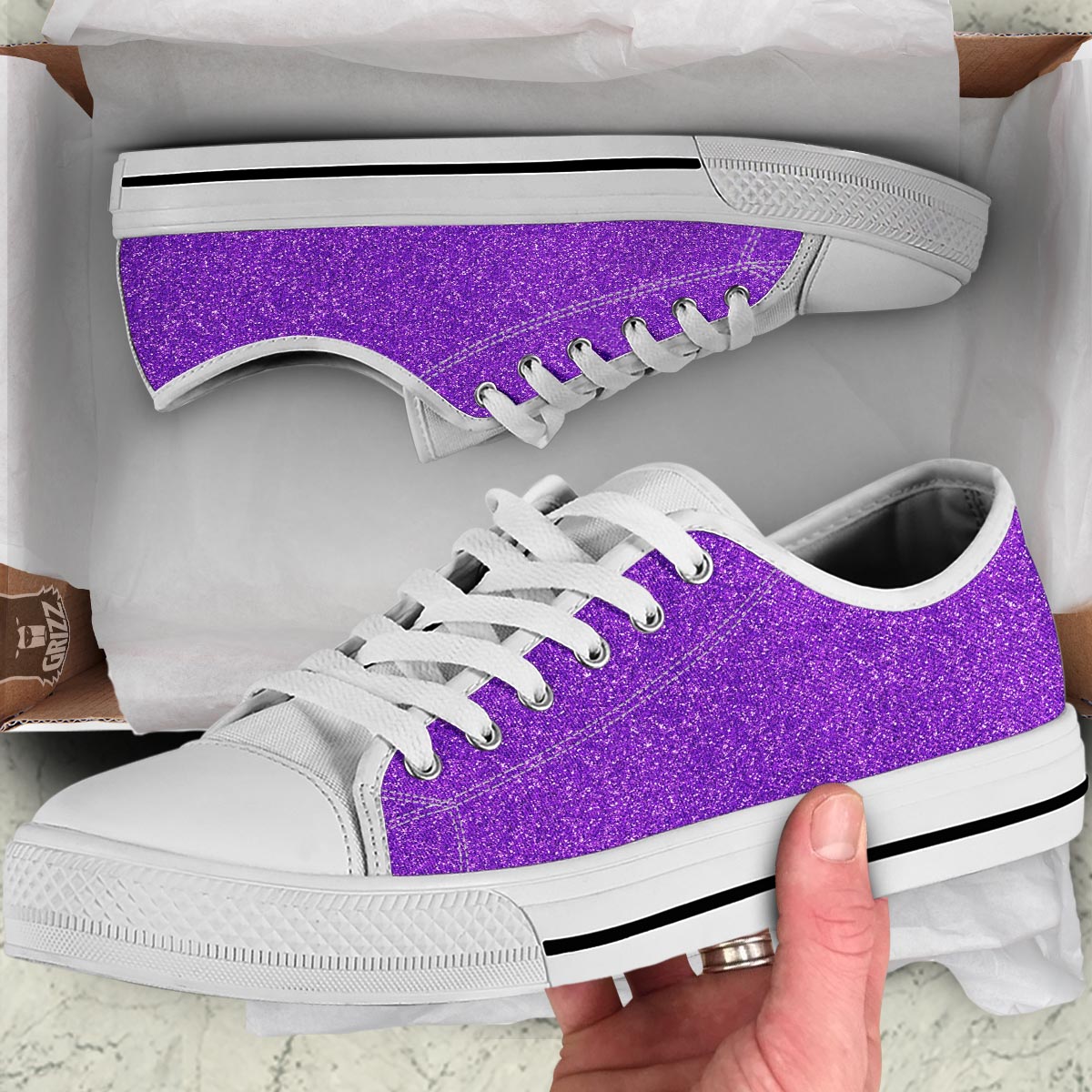 Purple Glitter Artwork Print White Low Top Shoes-grizzshop