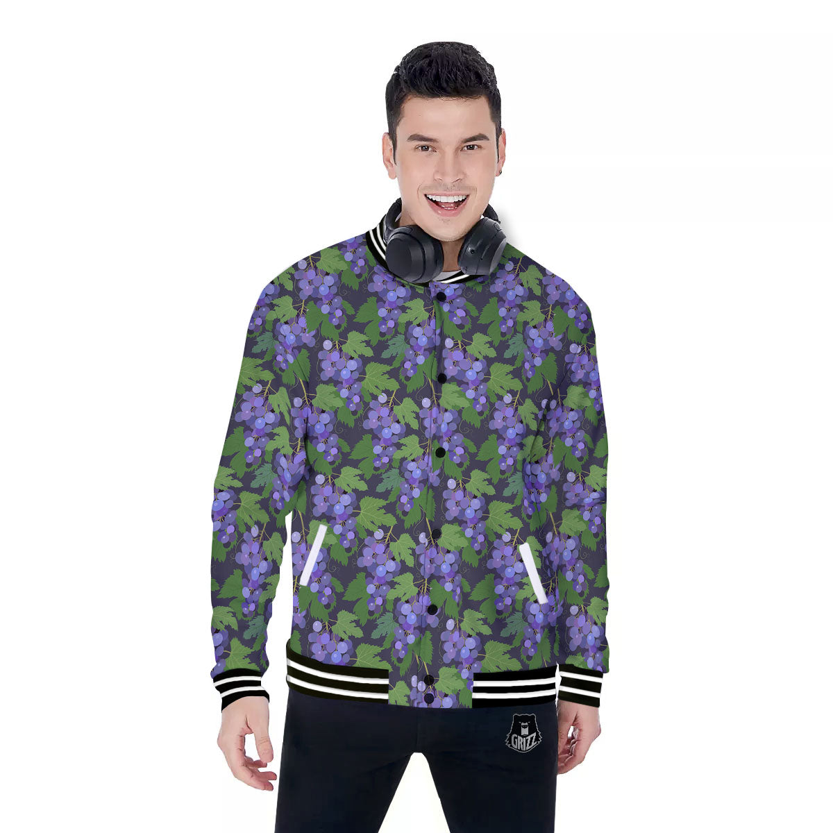 Purple Grapes Print Pattern Baseball Jacket-grizzshop