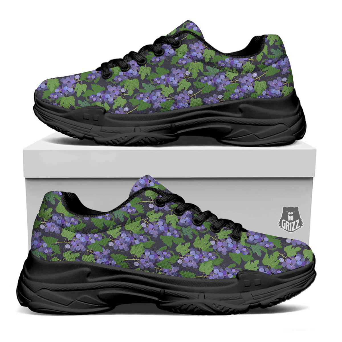 Purple Grapes Print Pattern Black Chunky Shoes-grizzshop