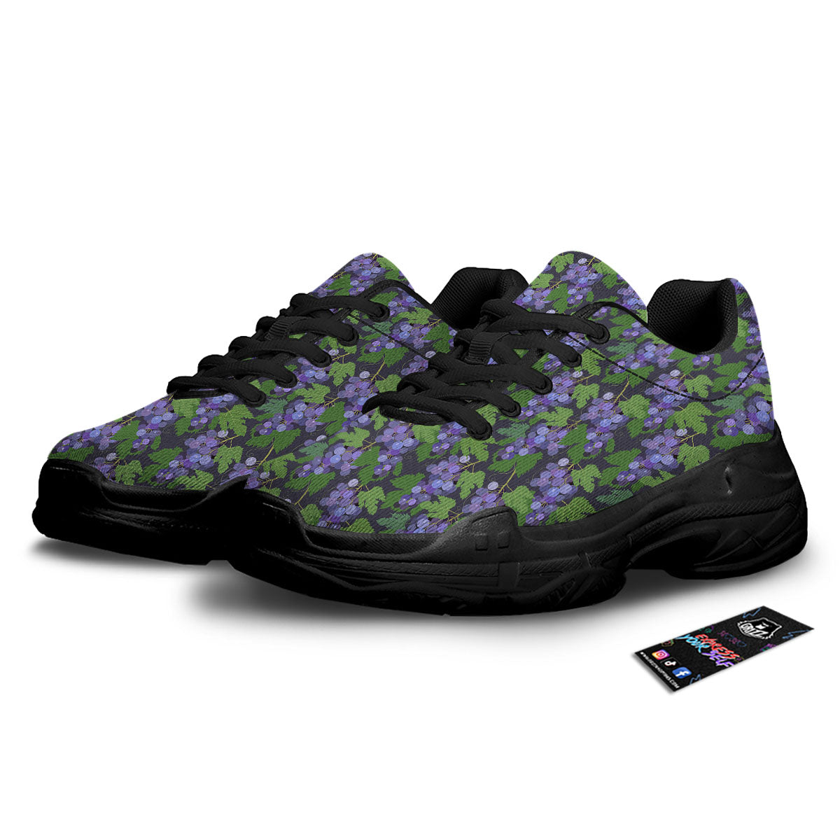 Purple Grapes Print Pattern Black Chunky Shoes-grizzshop