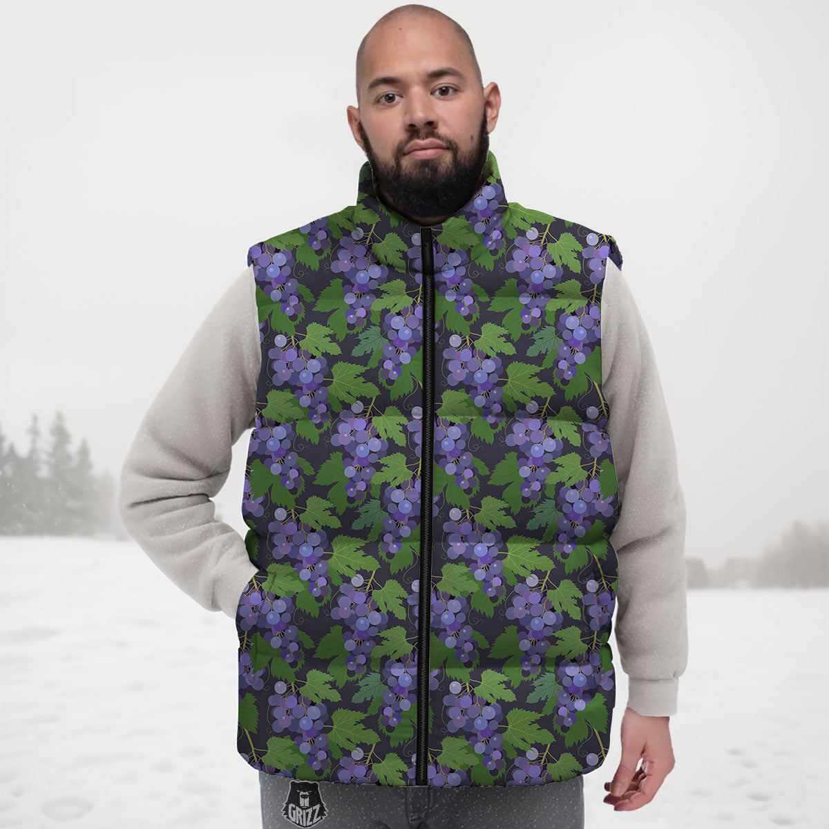 Purple Grapes Print Pattern Down Vest-grizzshop
