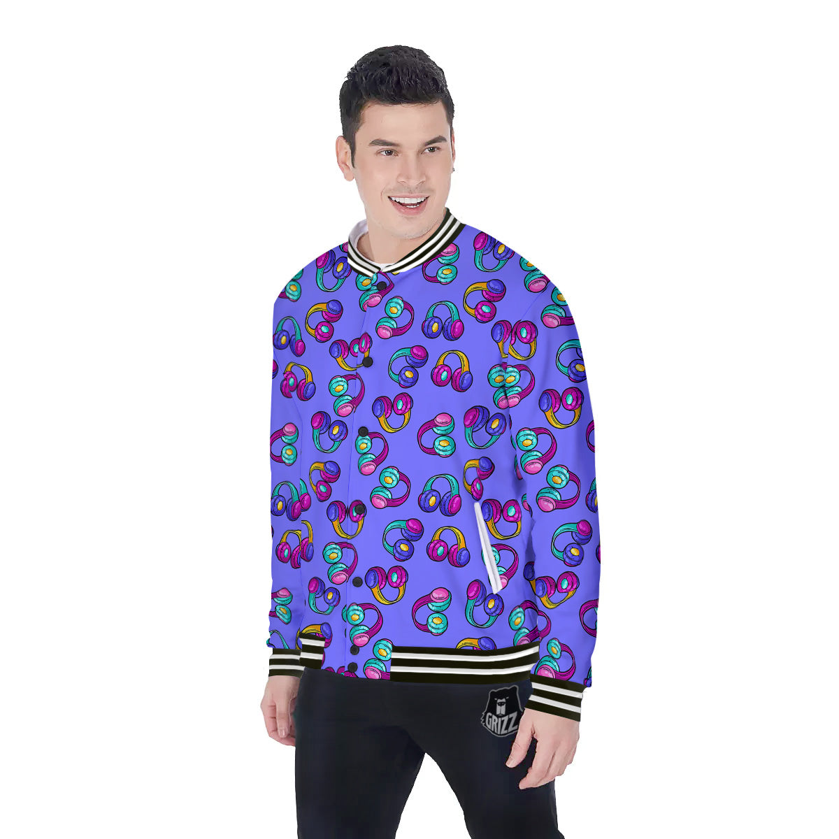 Purple Headphones Print Pattern Baseball Jacket-grizzshop