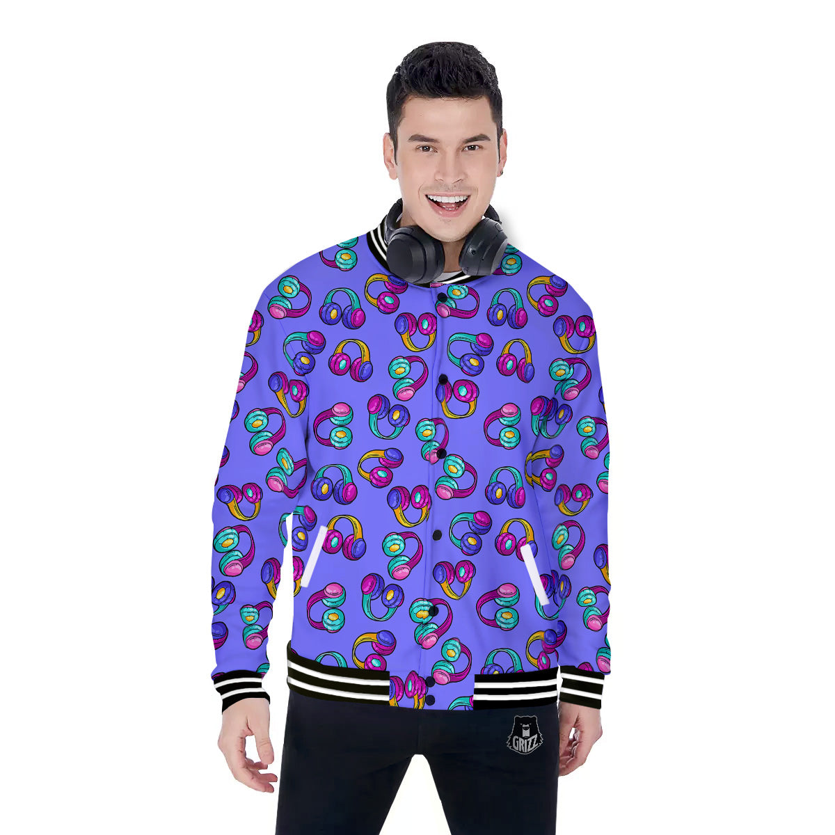 Purple Headphones Print Pattern Baseball Jacket-grizzshop