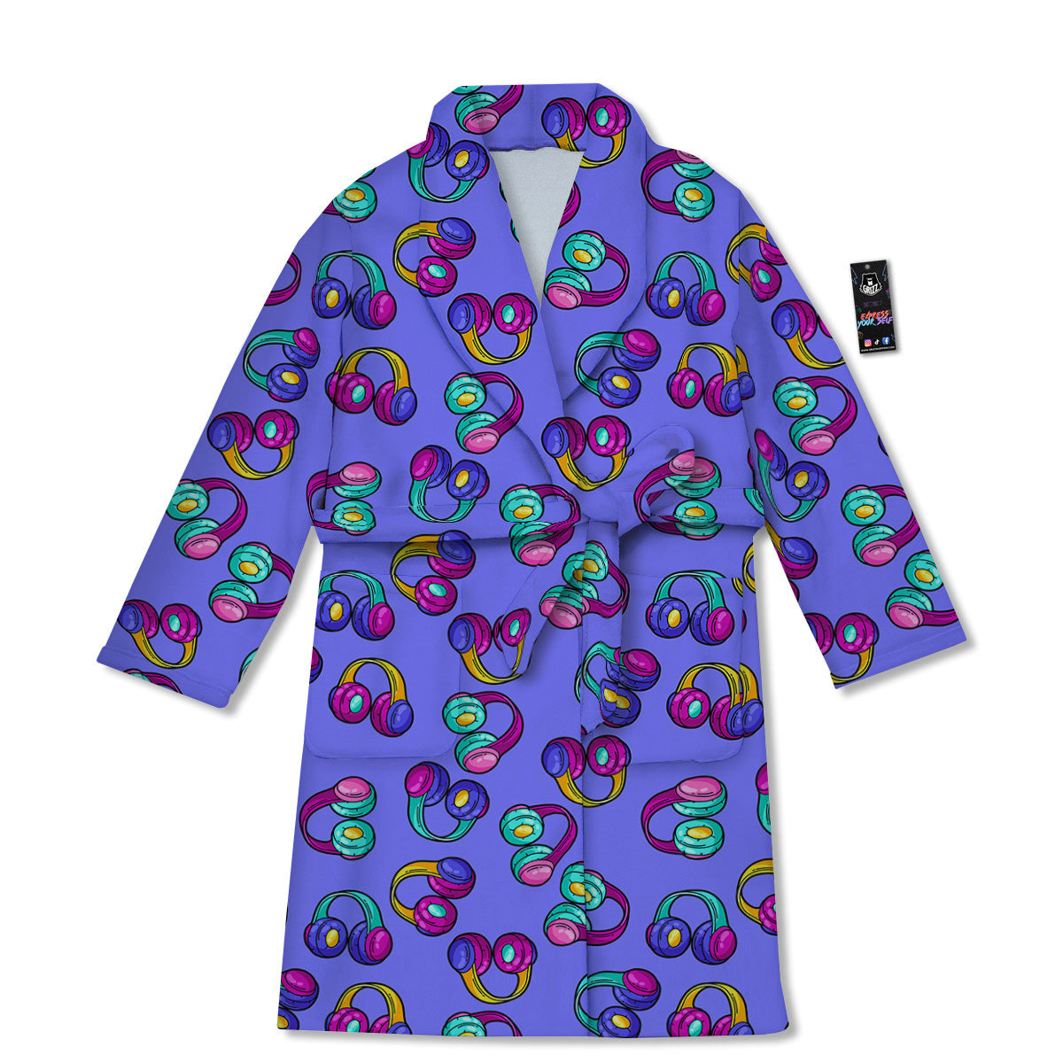 Purple Headphones Print Pattern Bathrobe-grizzshop