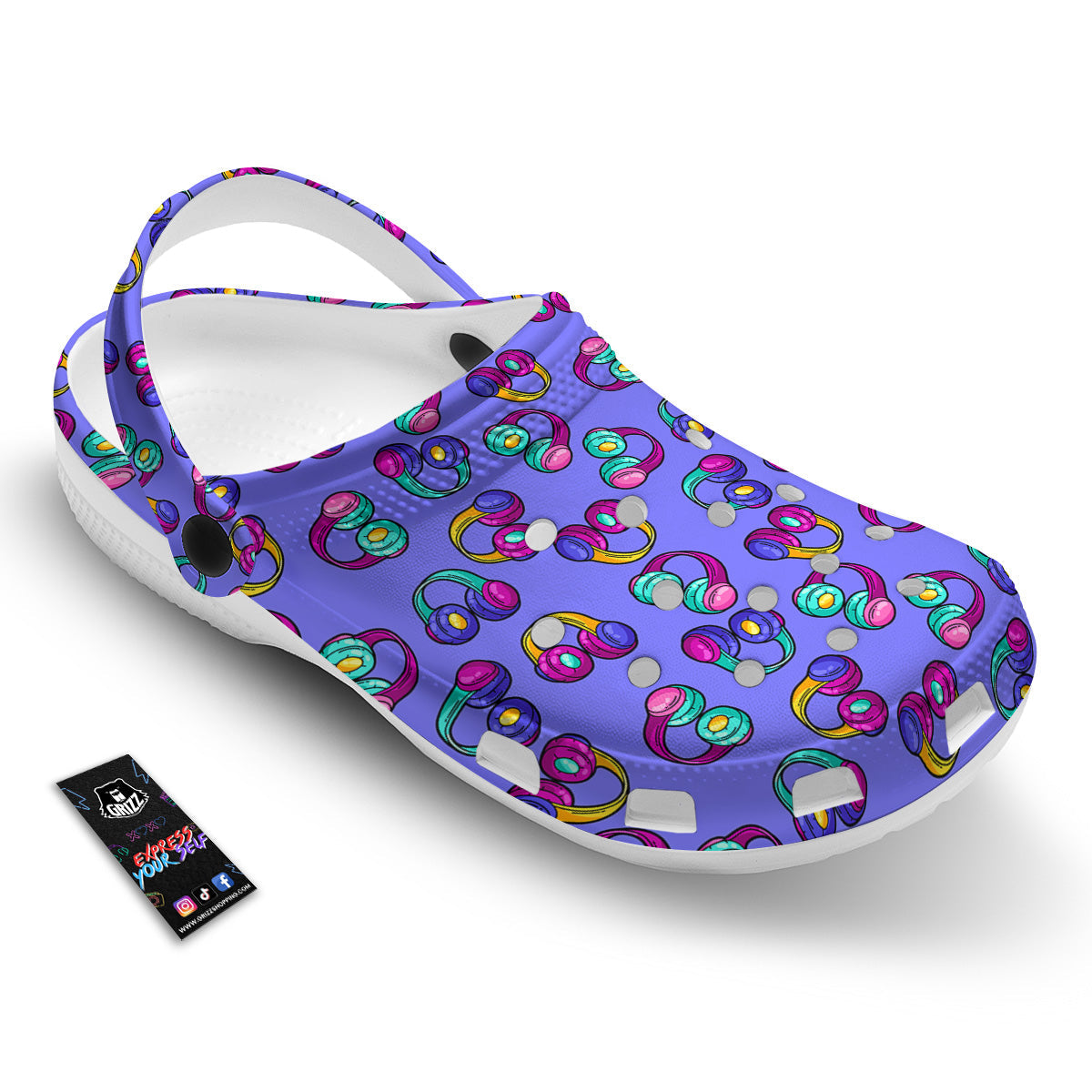 Purple Headphones Print Pattern Clog-grizzshop
