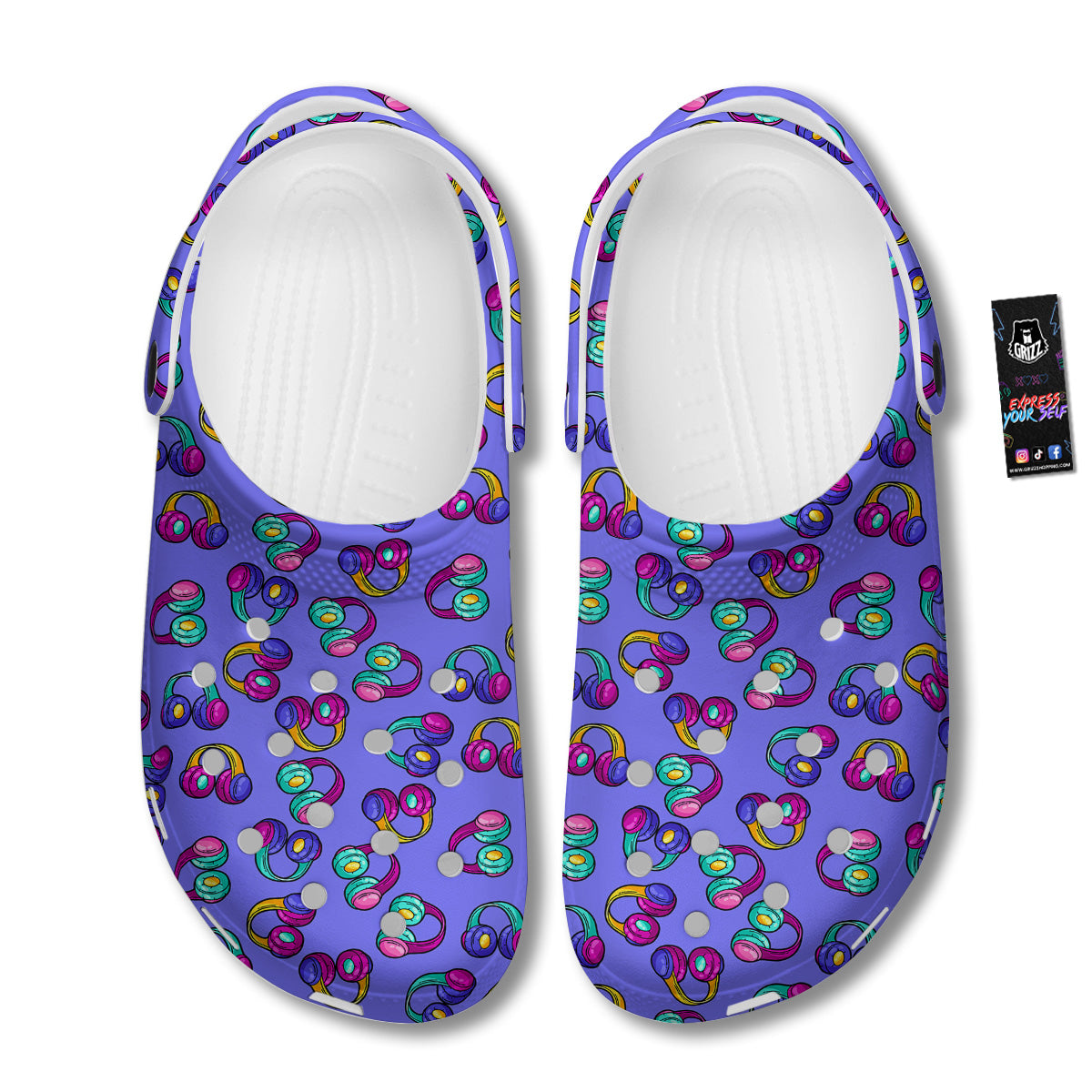 Purple Headphones Print Pattern Clog-grizzshop