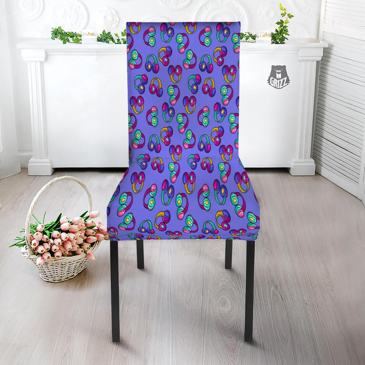 Purple Headphones Print Pattern Dining Chair Slipcover-grizzshop