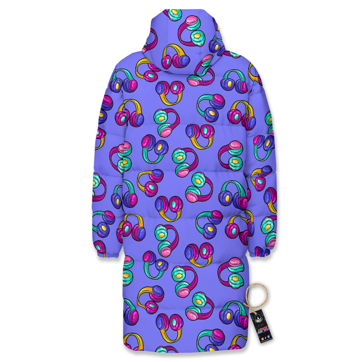 Purple Headphones Print Pattern Long Down Jacket-grizzshop