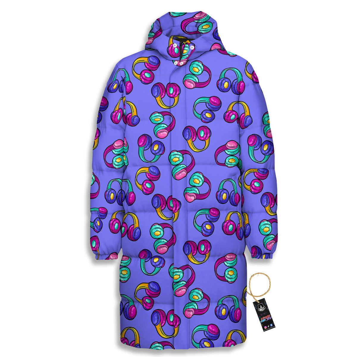 Purple Headphones Print Pattern Long Down Jacket-grizzshop