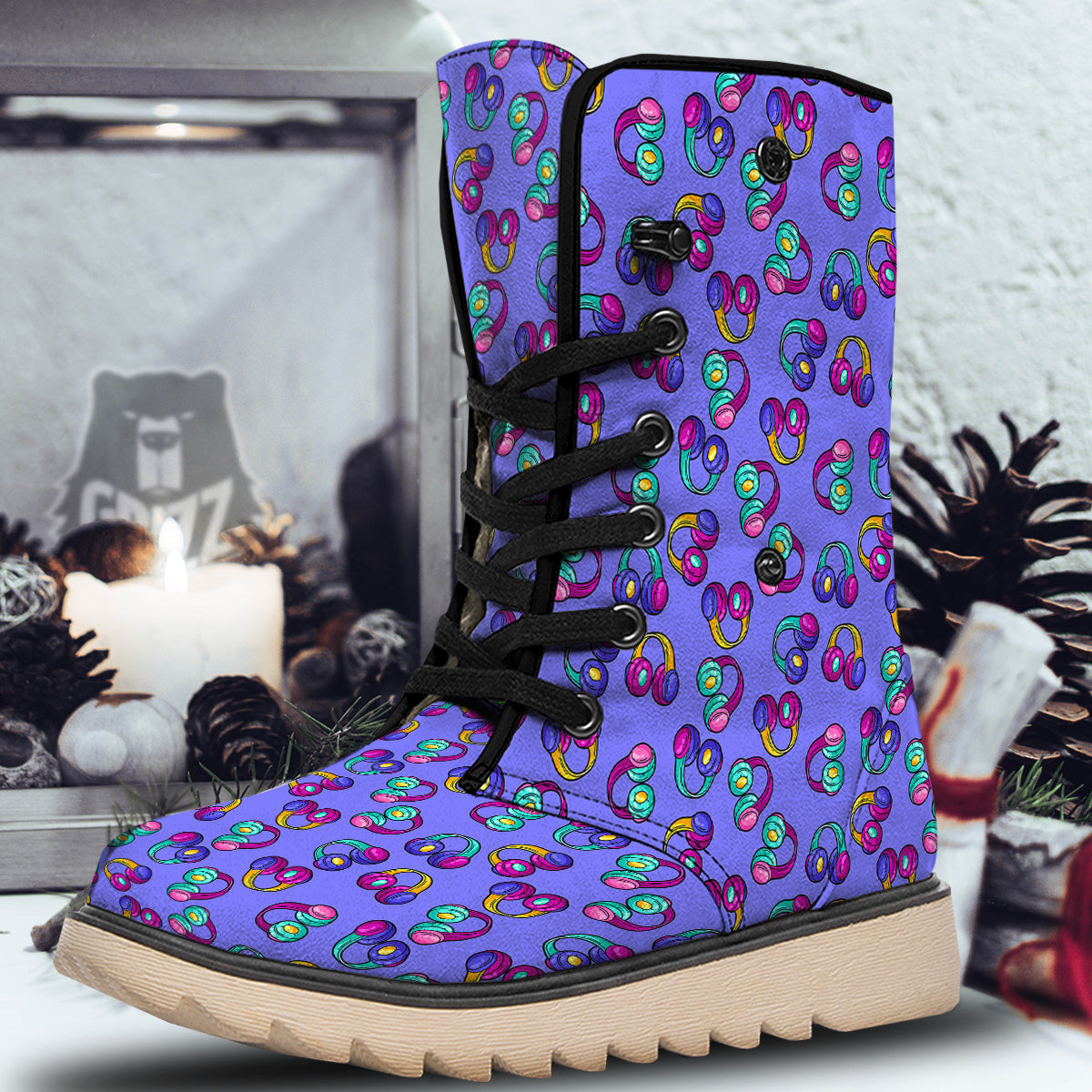 Purple Headphones Print Pattern Snow Boots-grizzshop