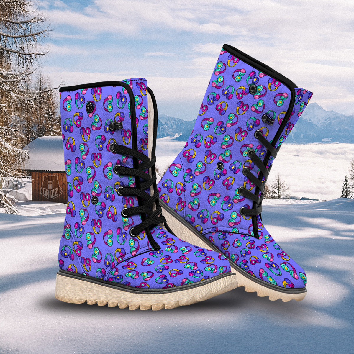 Purple Headphones Print Pattern Snow Boots-grizzshop