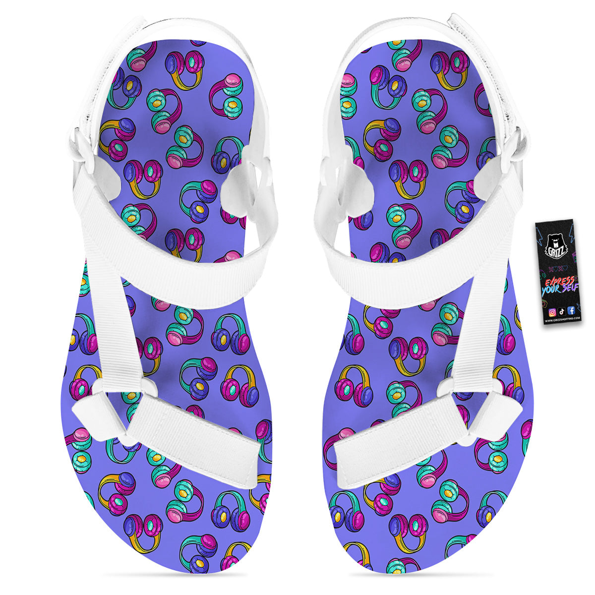 Purple Headphones Print Pattern White Open Toe Sandals-grizzshop